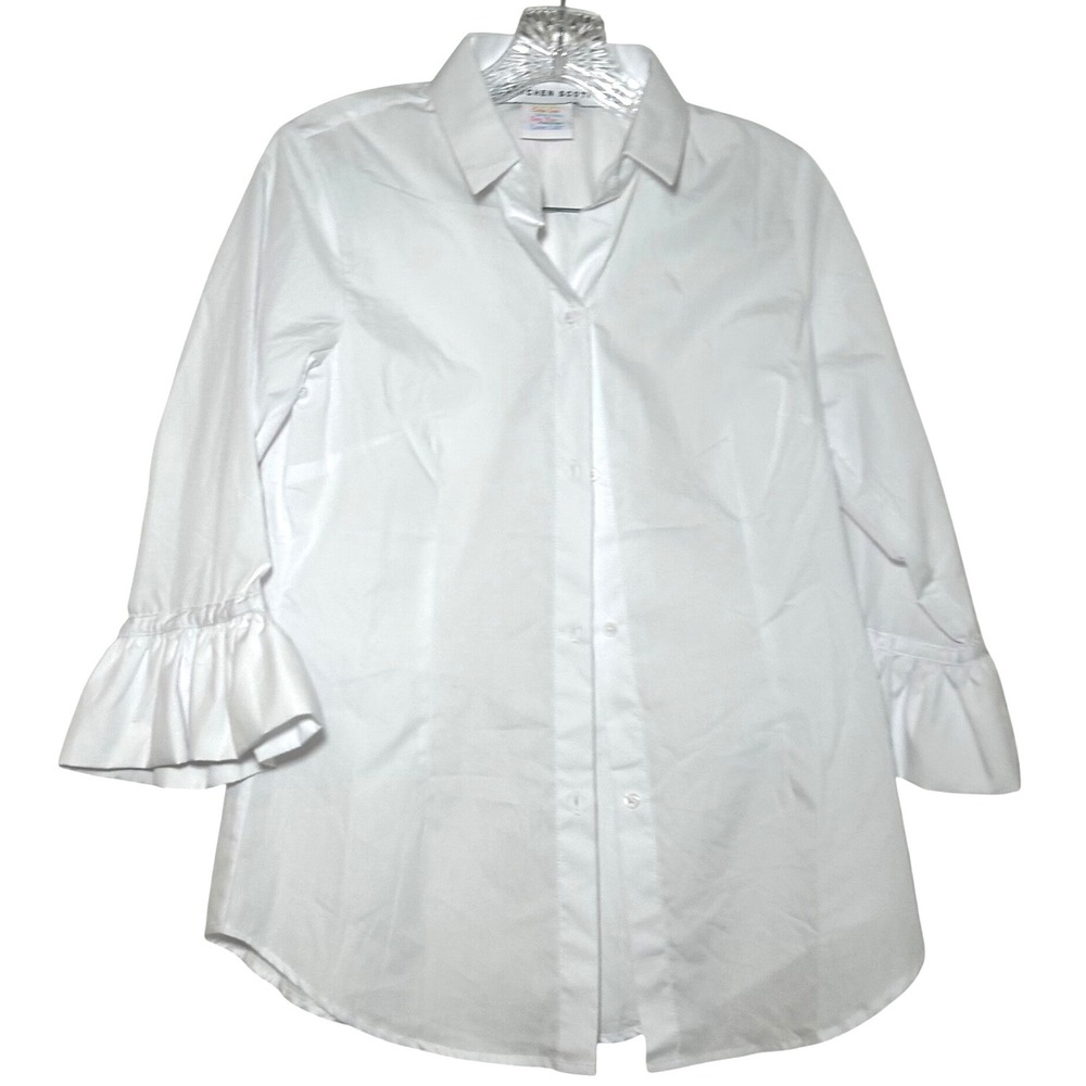 Gretchen Scott White Ruffle Cuff Button Down Shirt XS 3/4 Sleeve Cotton Blend